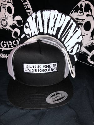 Image of BSU Militia Patch Hat 5 panel mesh snapback hat with Skatepunks under bill print