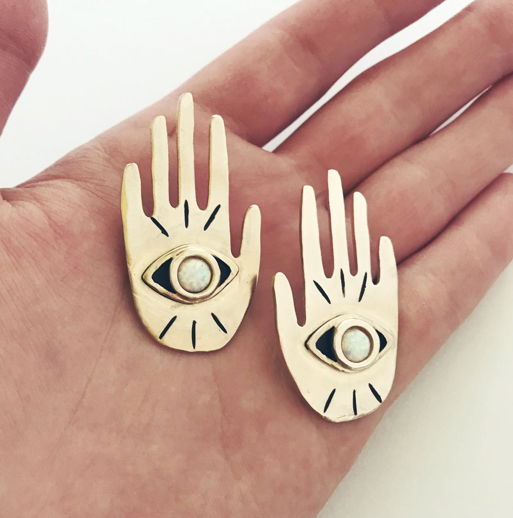 Image of Hand Eye Statement Earrings with Opal
