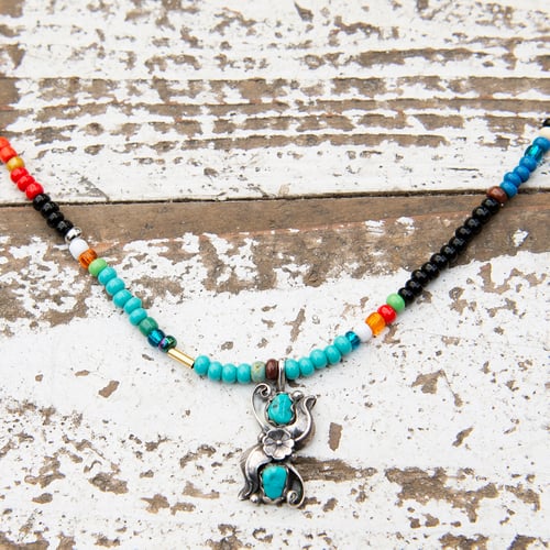 Image of Coloured glass bead necklace and navajo pendant