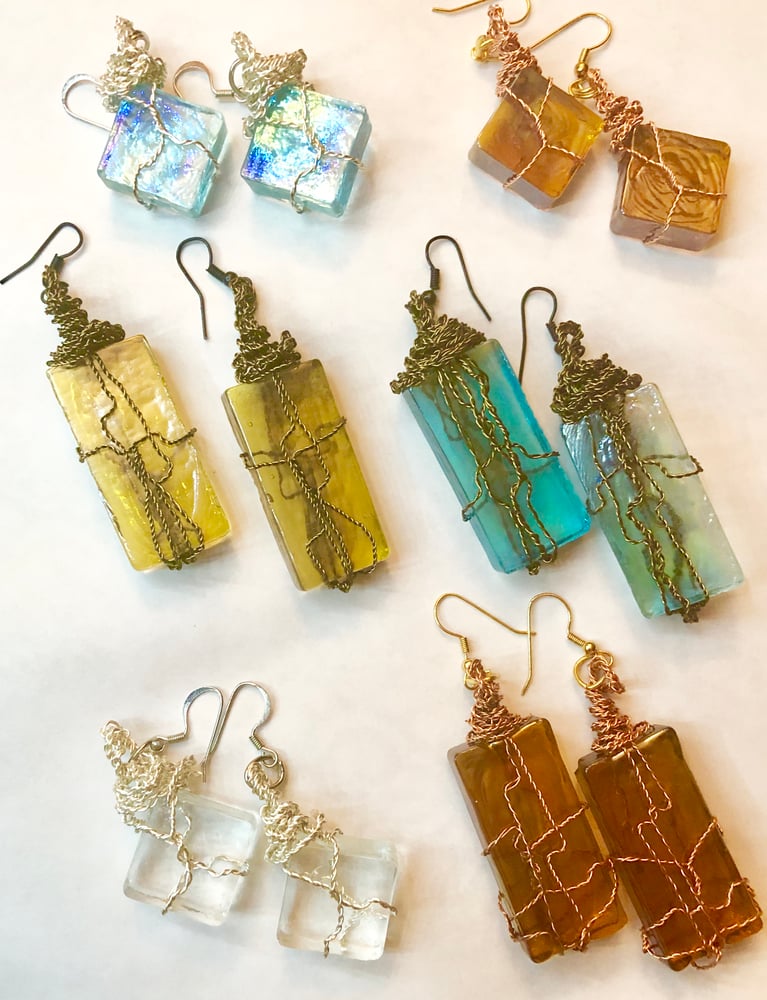 Copper Wire Wrap Earrings, Wing & A Prayer, Verdigris Charms, Glass