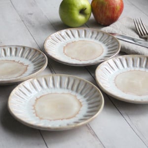 Image of Set of Four Dessert Dishes in Rustic White and Ocher Glaze, Handcrafted Pottery Made in USA