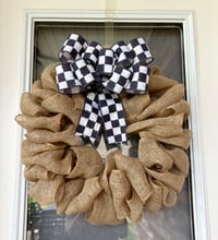 Image 2 of Burlap Farmhouse Door Decor Wreath with Black & White Checker Bow