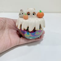 Image 7 of Glow in dark orange cat in witch brew cauldron ceramic keepsake (rainbow effect)