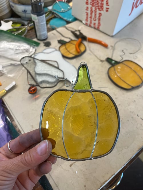 Image of Pumpkin- glass & wire, stained glass