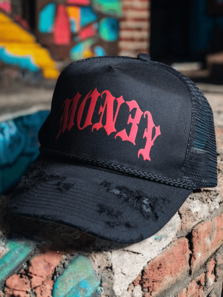 RED MON3Y // BLACK  DISTRESS HAT