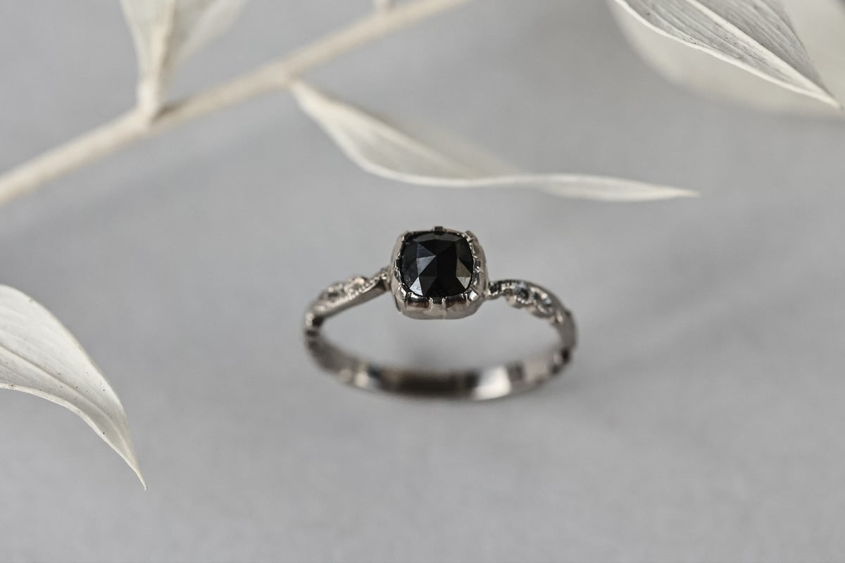 Image of *SALE - was £2400* 18ct White gold, rose-cut black diamond floral carved ring (LON209)