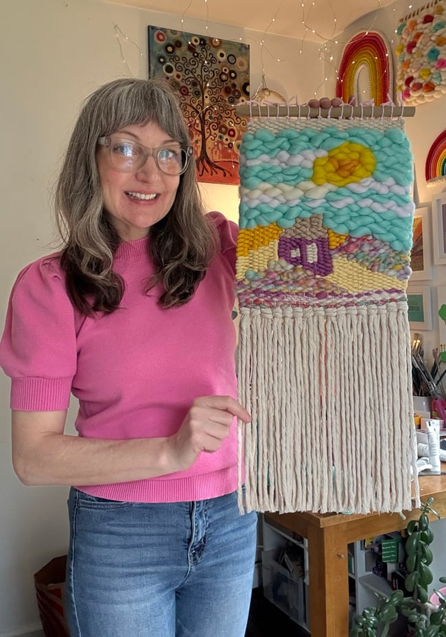 Little purple house & the aqua sky. Woven wall hanging.