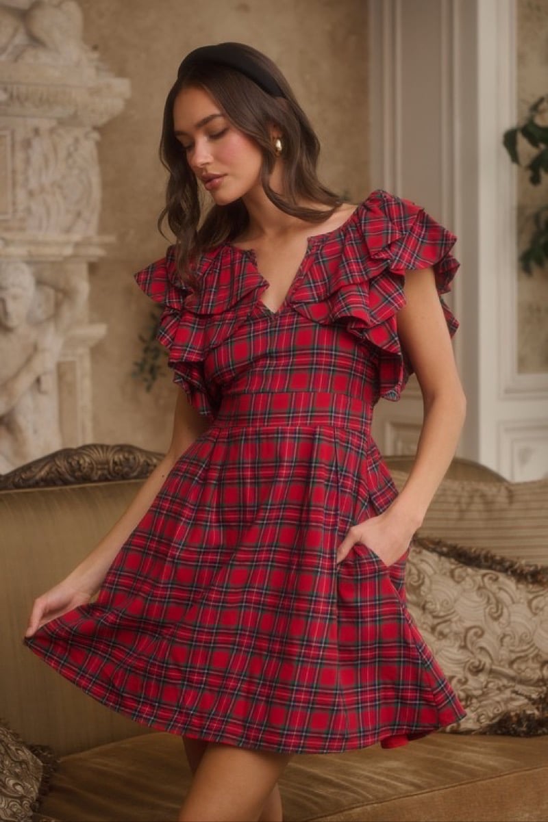 Image of Ruffle Plaid Short Dress 