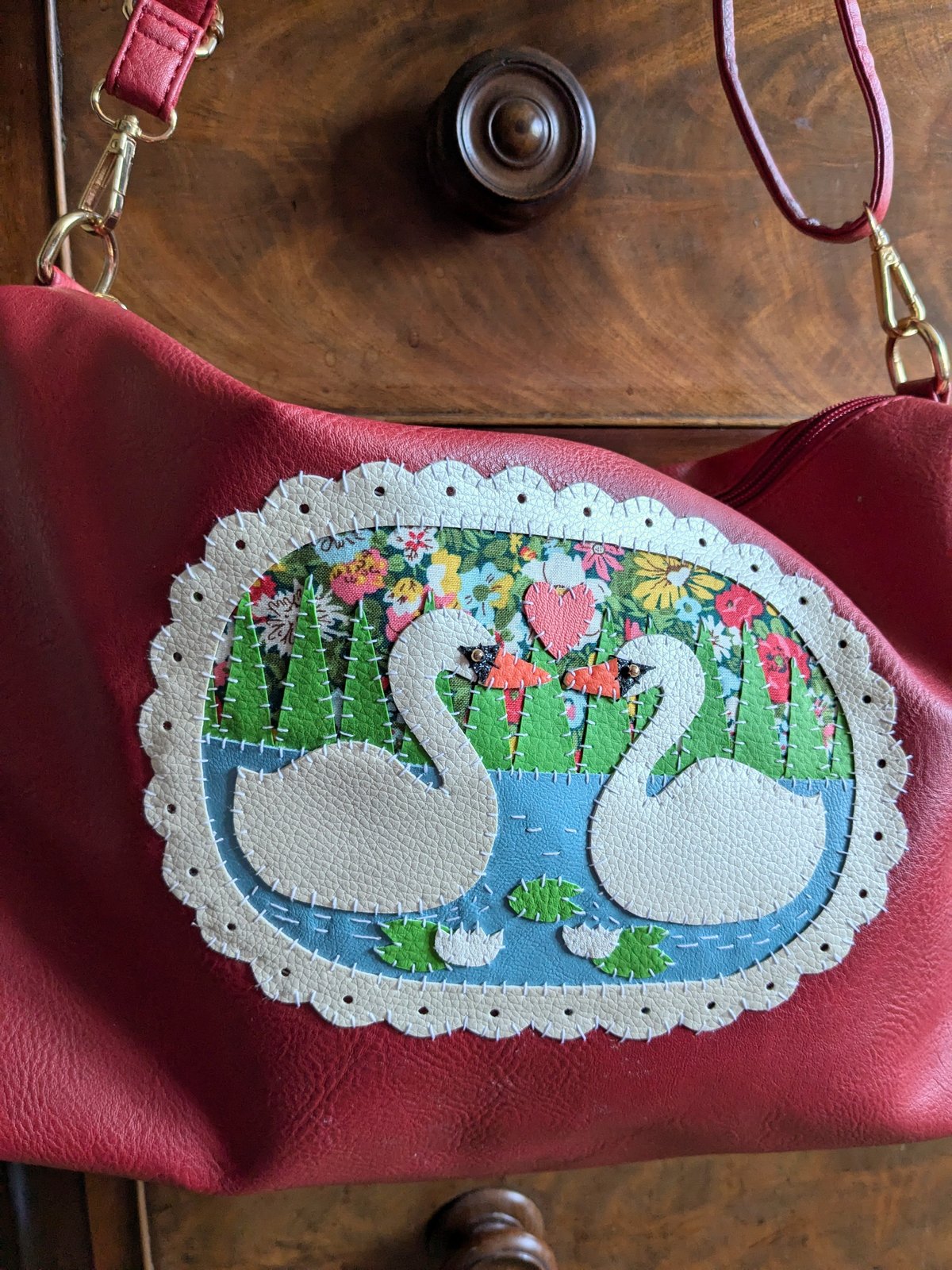 Image of Red Upcycled Swan Lake Crossbody Bag