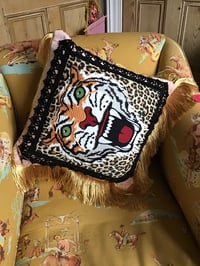 Image 3 of Pink Velvet Black Trim Tiger Cushion