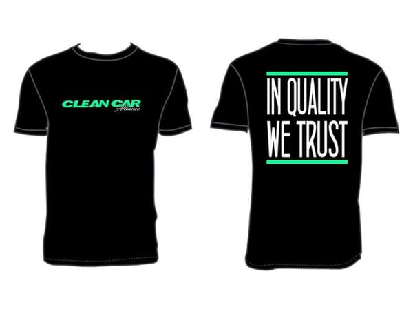 Image of Clean Car Alliance | In Quality We Trust - White/Teal on BLK Tshirt