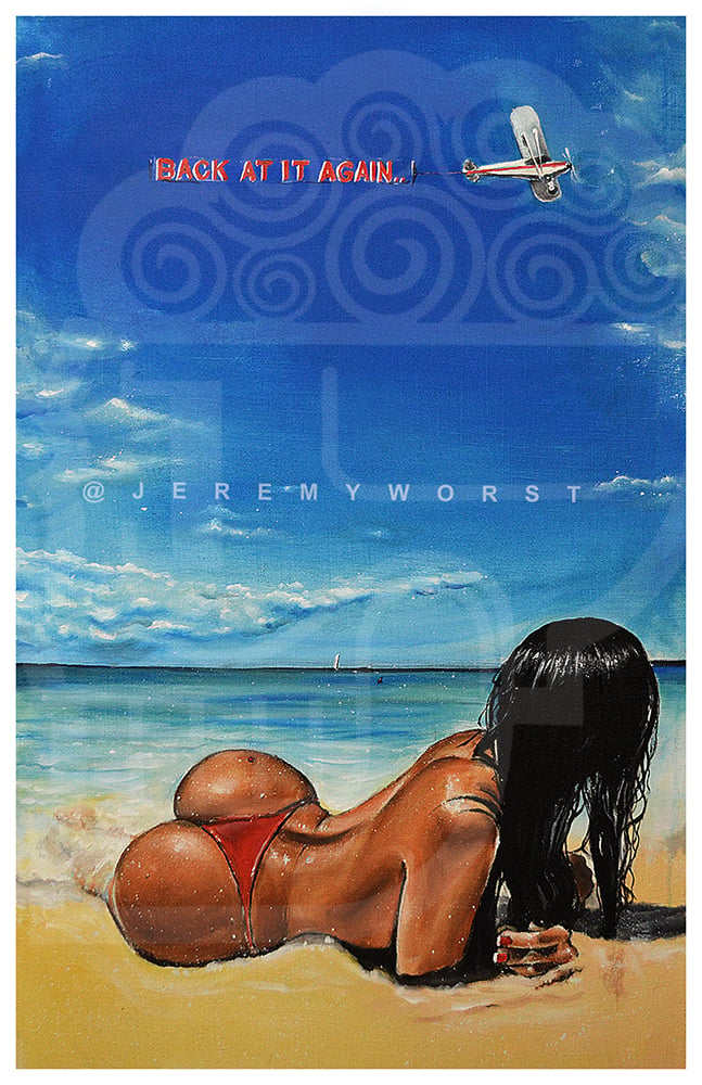 Image of JEREMY WORST Back at it Again Artwork Signed Print poster Beach Bikini sexy red sky blue