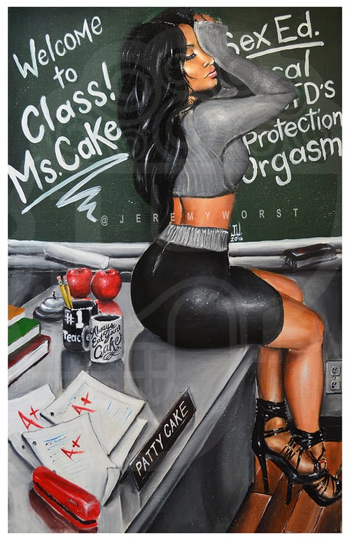 Image of JEREMY WORST Ms Cake Artwork Signed Print poster Patty Cake sexy teacher school apples desk stapler