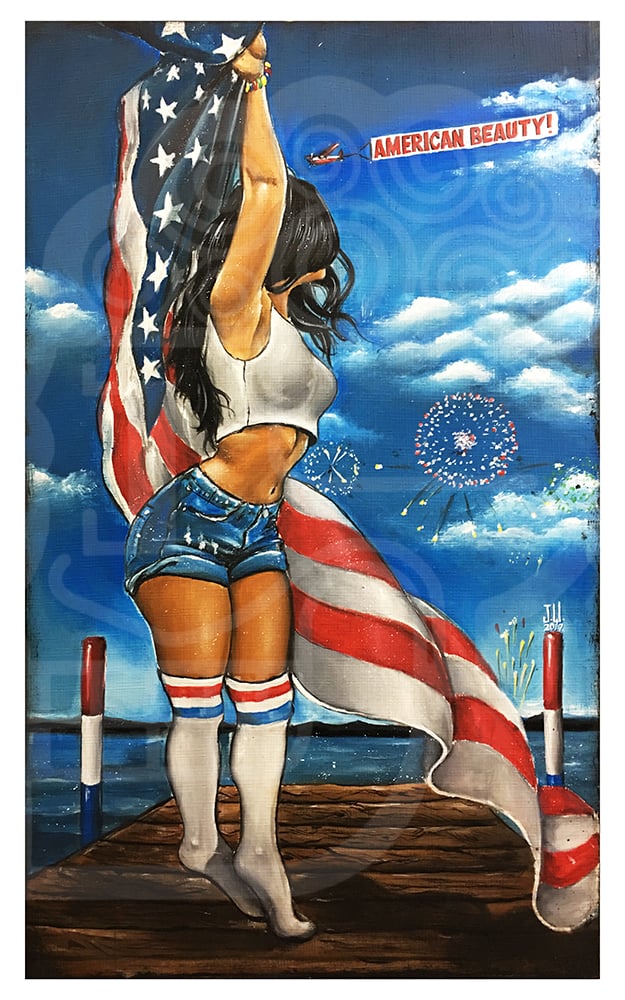 Image of merican Beauty by Jeremy Worst Painting Artwork man cave game room decor wall fireworks 4th of july