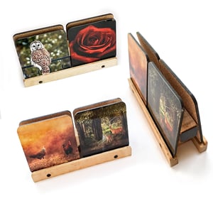 Image of Nature Coasters with handmade Maple Stand, Red Rose, Wildlife, Rooster, Set of Four Coasters