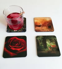 Image 5 of Nature Coasters with handmade Maple Stand, Red Rose, Wildlife, Rooster, Set of Four Coasters