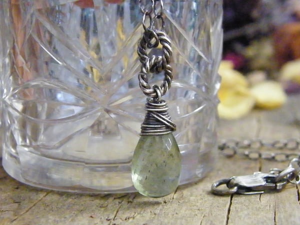 Image of moss aquamarine sterling silver wire wrapped necklace