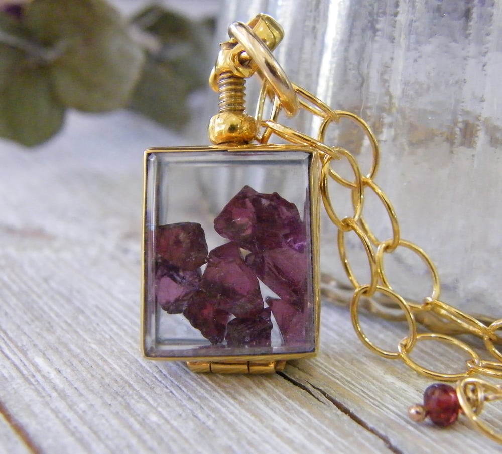 Image of Gold Floating Locket Choker Style with rough cut Umbalite Rhodolite Garnets