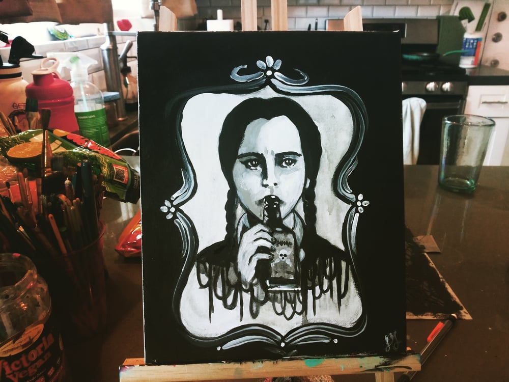 Image of Wednsday addams drinking poison