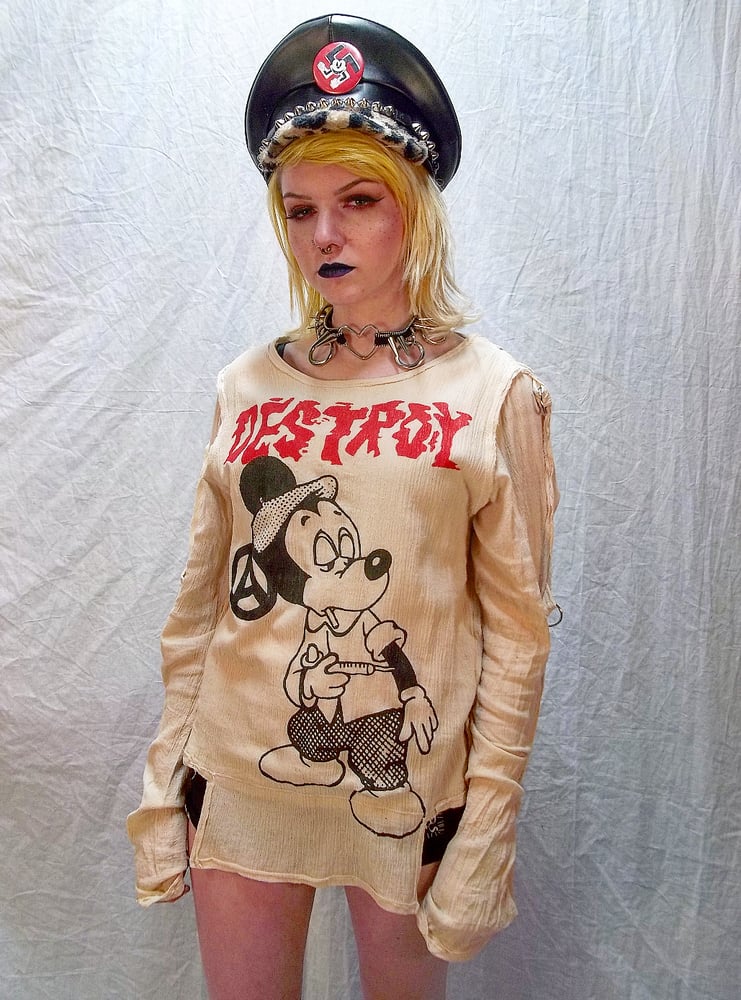 Image of Destroy Mickie Mouse Junkie off white bondage shirt