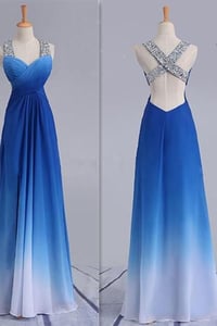 Charming Gradient Blue Cross Back Beaded Prom Dress, Chiffon Party Dress 