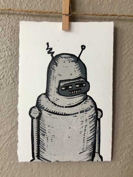 Image of “Sad Robot” Woodcut