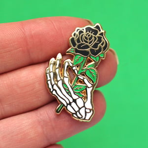 Image of Skeleton hand / black rose, enamel pin - bones - skeleton pin - anatomy - lapel pin badge
