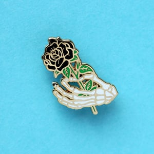 Image of Skeleton hand / black rose, enamel pin - bones - skeleton pin - anatomy - lapel pin badge
