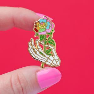 Image of Rainbow Rib cage and skeleton hand / rose, set of TWO enamel pins 