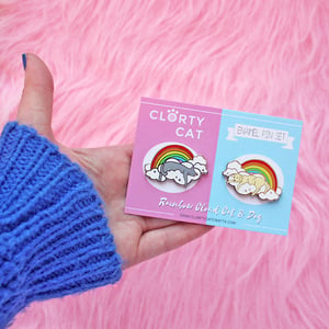 Image of Rainbow Cloud Cat and Dog pins, set of TWO hard enamel lapel pins