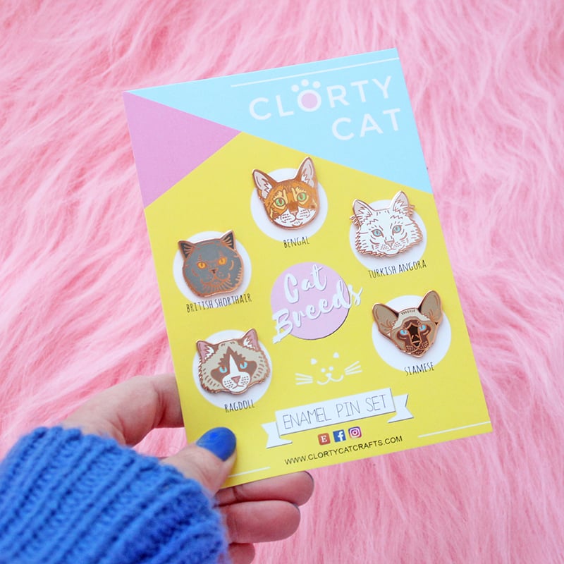 Image of Cat Breed enamel pins, set of FIVE - rose gold - hard enamel lapel pins