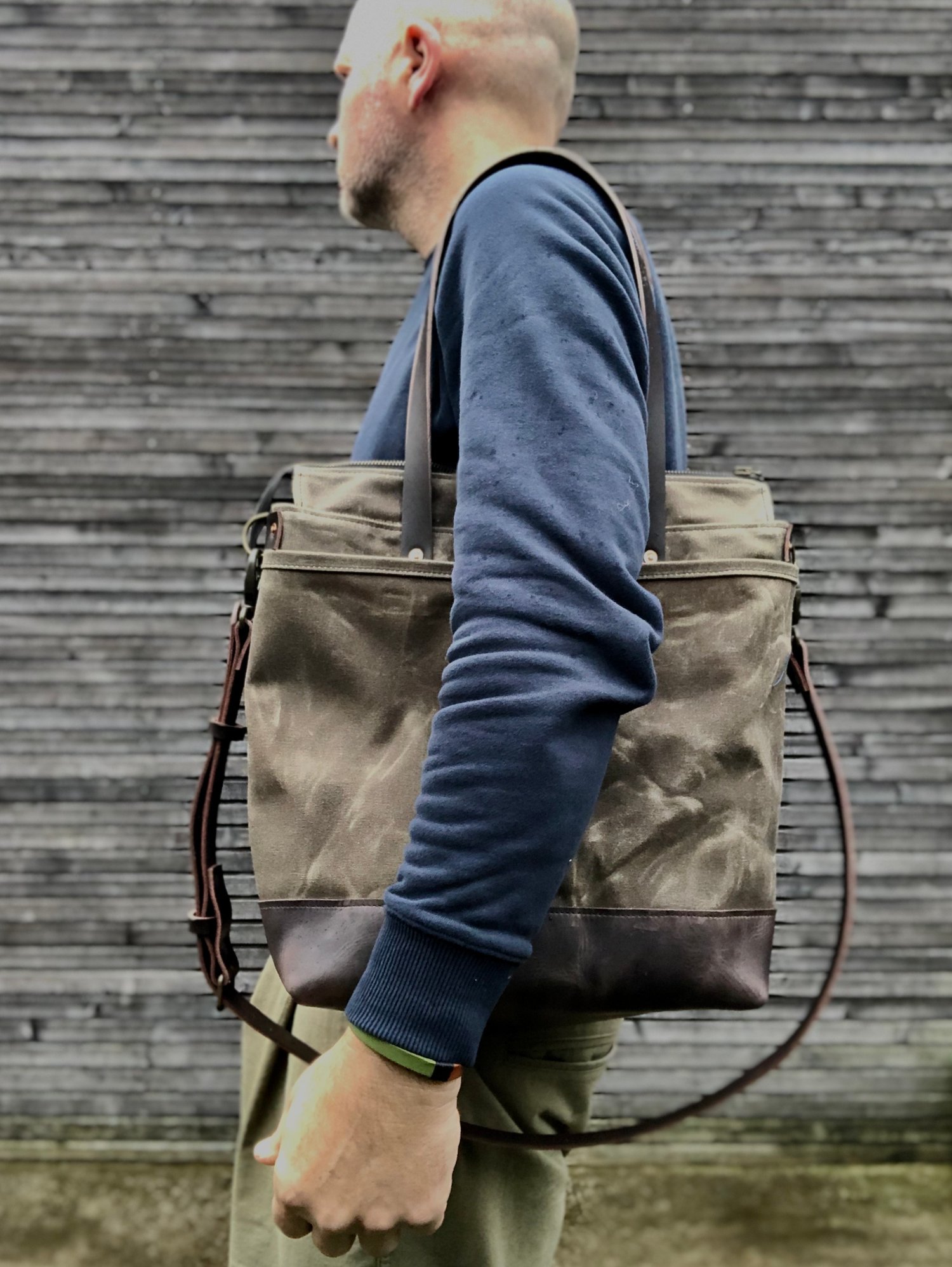 Image of Waxed canvas tote bag / office bag with leather bottom handles and shoulder strap