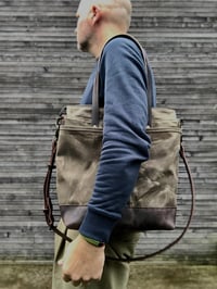 Image 5 of Waxed canvas tote bag / office bag with leather bottom handles and shoulder strap