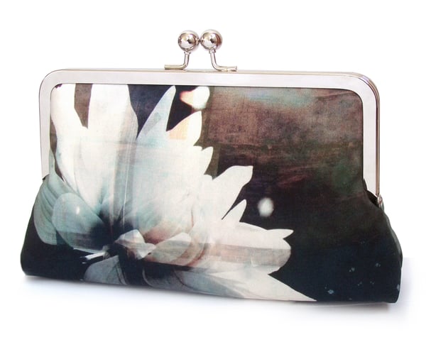 Image of White flower blossom, printed silk clutch bag + chain handle