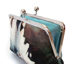 Image of White flower blossom, printed silk clutch bag + chain handle