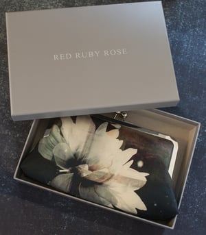 Image of White flower blossom, silk clutch bag with optional chain handle