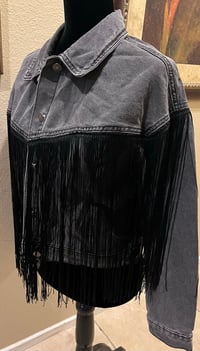 Image 3 of Vintage Black Denim Jacket Fringe Dolly Parton