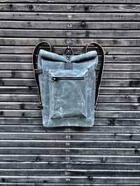 Image 2 of  Waxed canvas backpack with roll to close top and vegetable tanned leather shoulder straps
