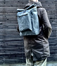 Image 4 of  Waxed canvas backpack with roll to close top and vegetable tanned leather shoulder straps