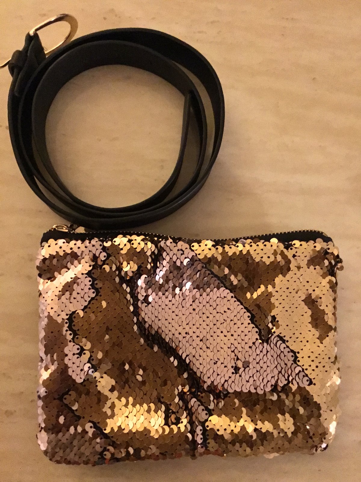 rose gold sequin fanny pack