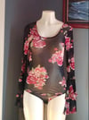 BLACK SHEER BELL SLEEVE ROSE PRINT BODY SUIT