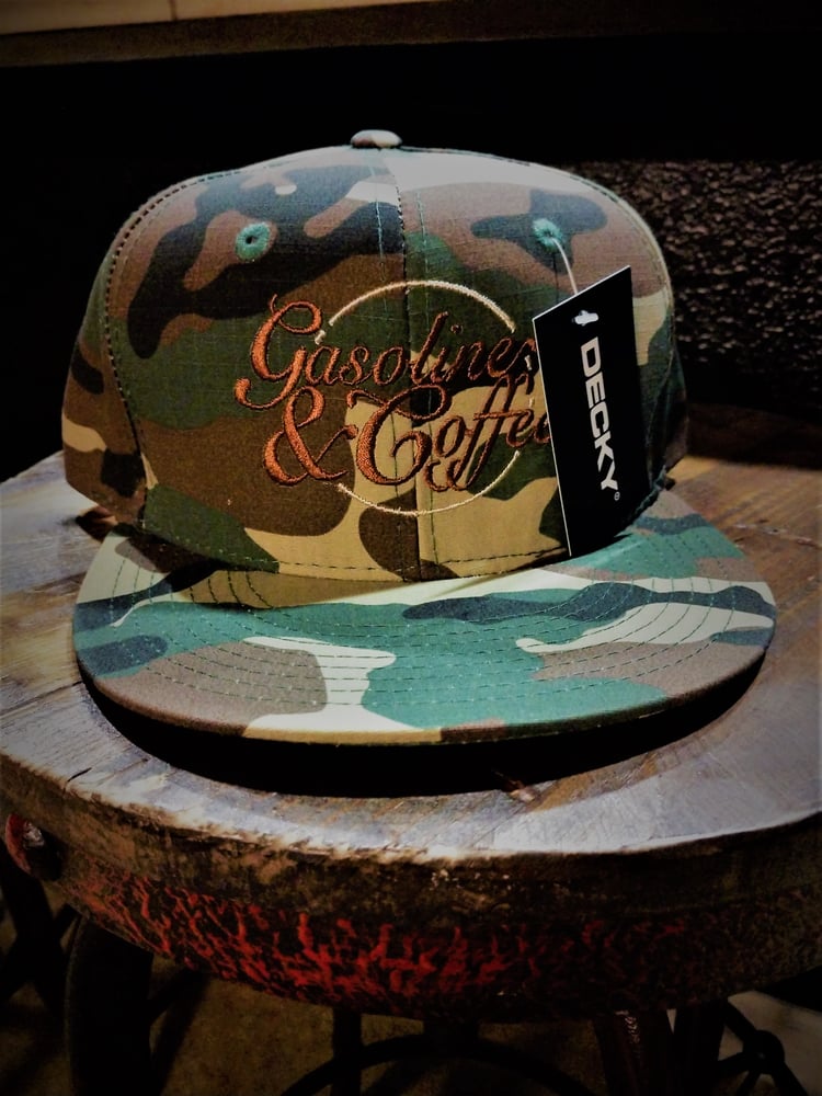 Image of Genuine Gasoline And Coffee Camo SnapBack FlatBill Decky Hat