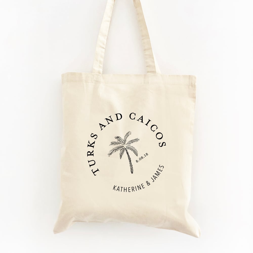 Customizable Palm Tree Circle Wedding Welcome Tote Bag | Swag Bags Co.