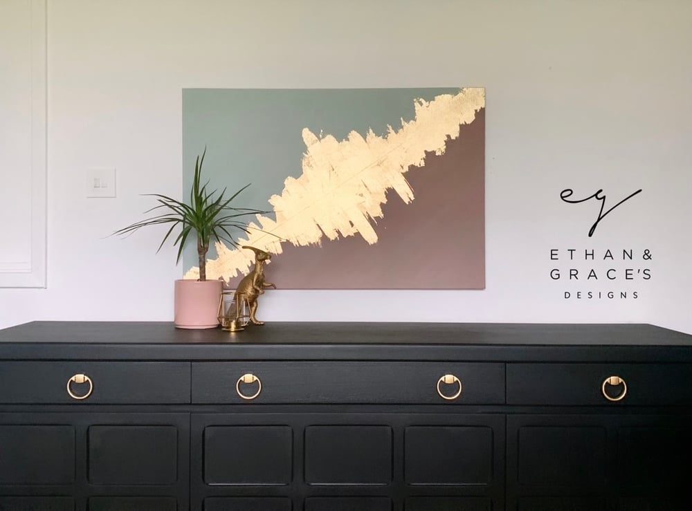 Image of A green dusky pink & gold leaf canvas made by Ethan & Grace’s