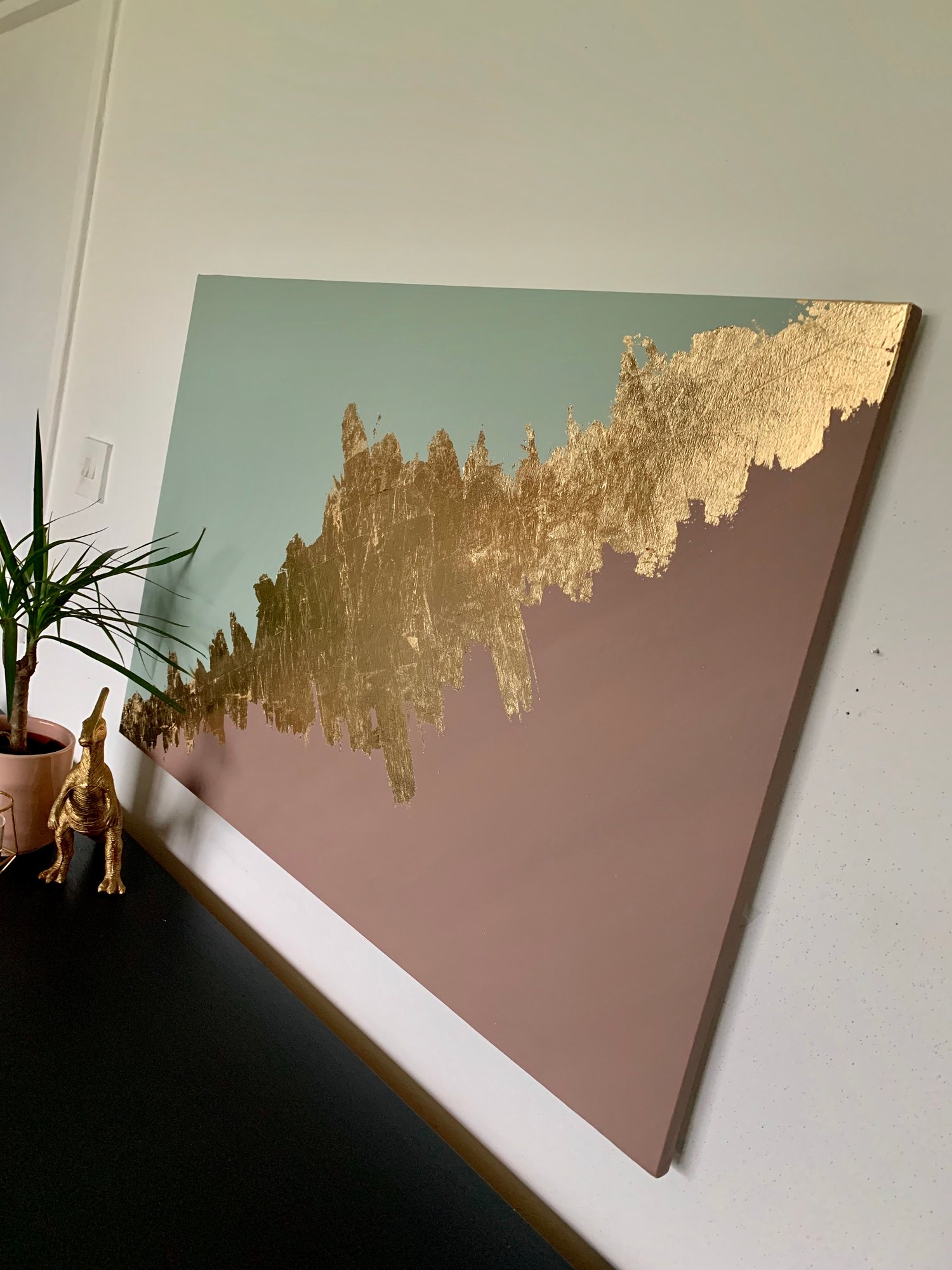 Image of A green dusky pink & gold leaf canvas made by Ethan & Grace’s