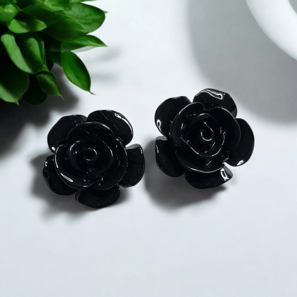 Image of Glossy Black Rose Stud Earrings