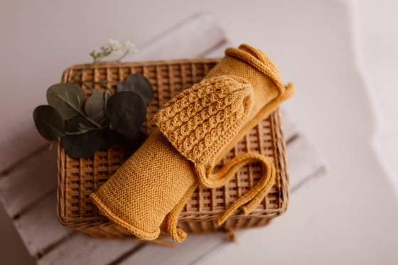 Image of Knit wrap with hat - ocher