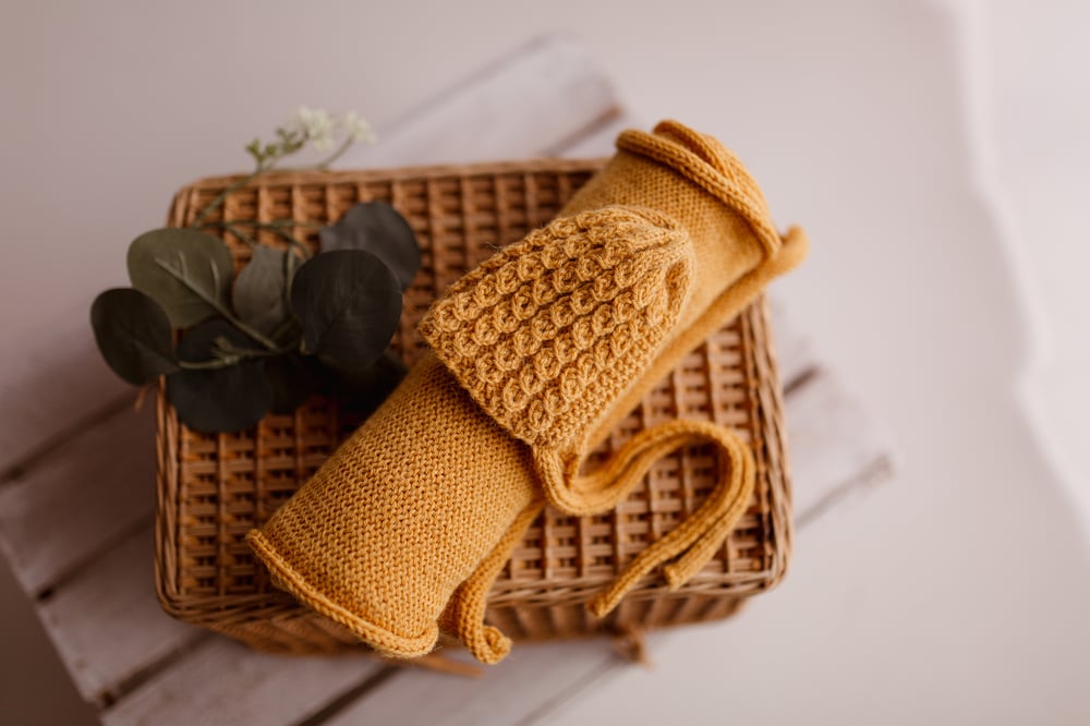 Image of Knit wrap with hat - ocher