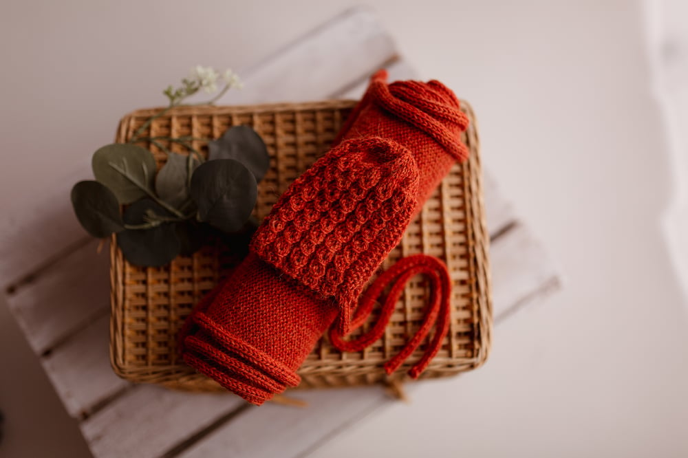 Image of Knit wrap with hat - rust