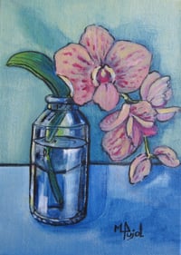 Image 2 of Pink orchids in a glass jar by candle light